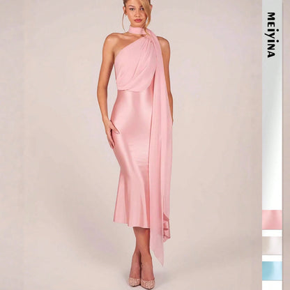 Elegant Two-Tone Satin & Chiffon Midi Dress, One-Shoulder With Draped Scarf, Bodycon Mermaid Skirt For Special Occasions