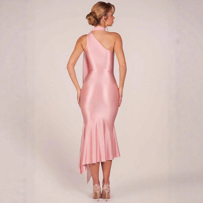 Elegant Two-Tone Satin & Chiffon Midi Dress, One-Shoulder With Draped Scarf, Bodycon Mermaid Skirt For Special Occasions