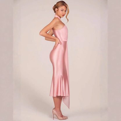 Elegant Two-Tone Satin & Chiffon Midi Dress, One-Shoulder With Draped Scarf, Bodycon Mermaid Skirt For Special Occasions
