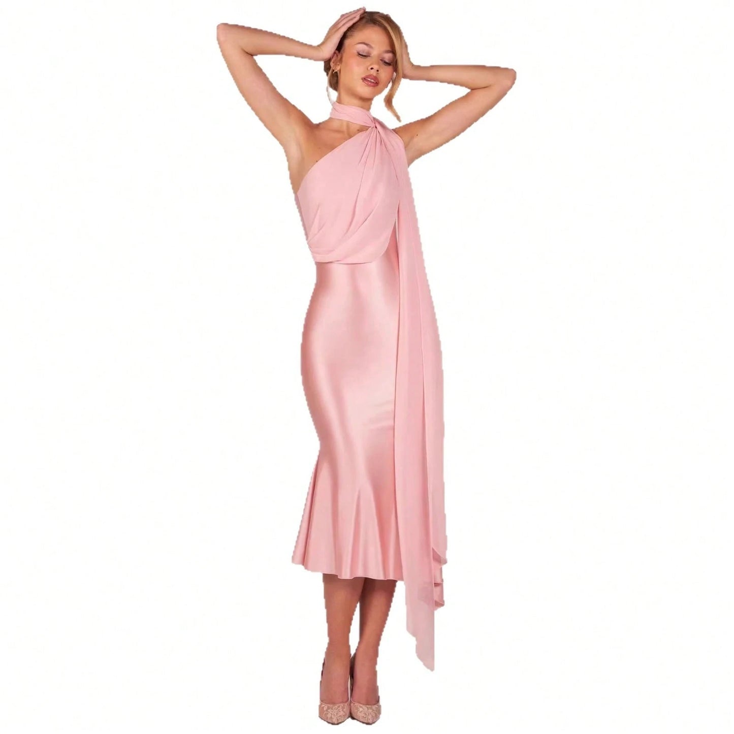 Elegant Two-Tone Satin & Chiffon Midi Dress, One-Shoulder With Draped Scarf, Bodycon Mermaid Skirt For Special Occasions