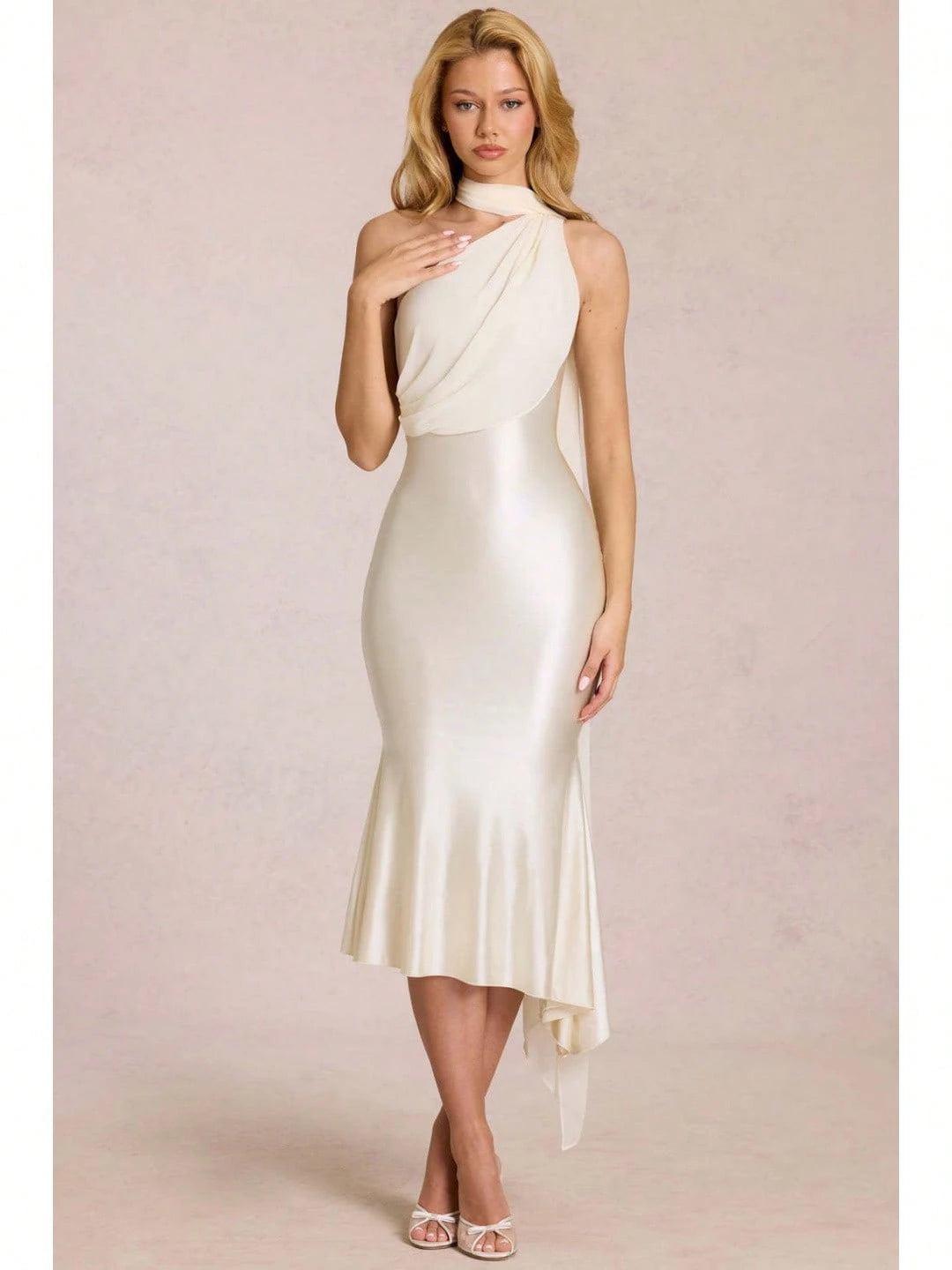 Elegant Two-Tone Satin & Chiffon Midi Dress, One-Shoulder With Draped Scarf, Bodycon Mermaid Skirt For Special Occasions
