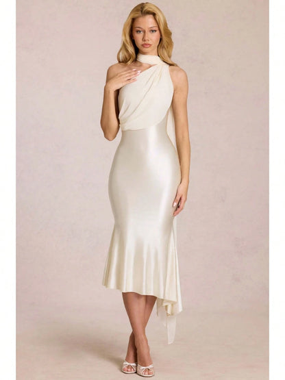Elegant Two-Tone Satin & Chiffon Midi Dress, One-Shoulder With Draped Scarf, Bodycon Mermaid Skirt For Special Occasions