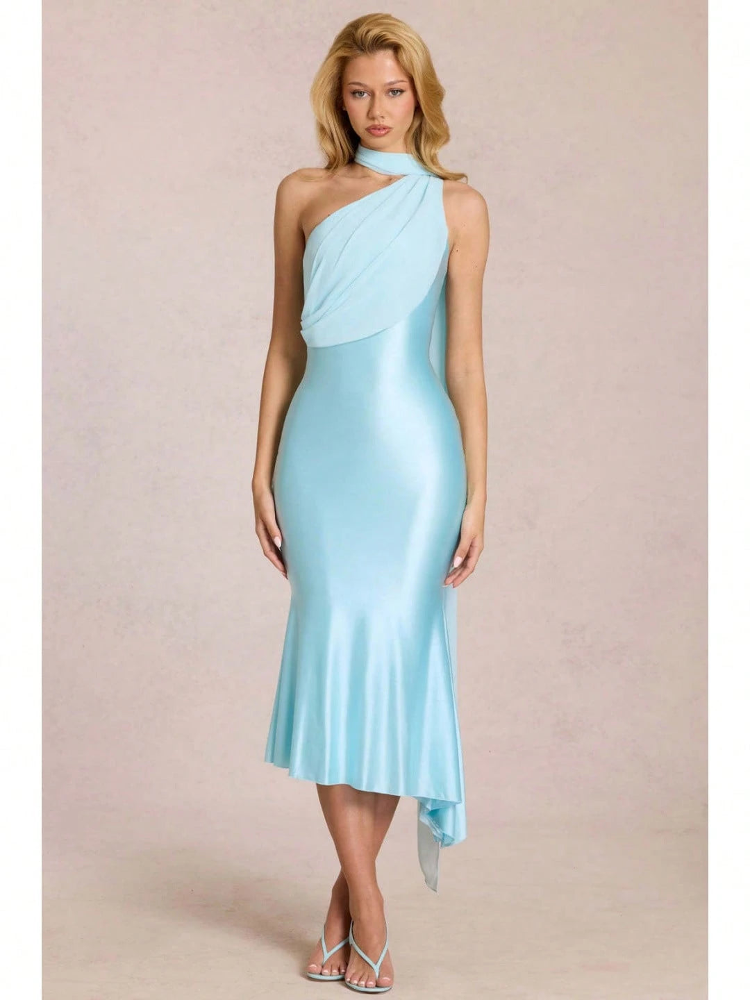 Elegant Two-Tone Satin & Chiffon Midi Dress, One-Shoulder With Draped Scarf, Bodycon Mermaid Skirt For Special Occasions