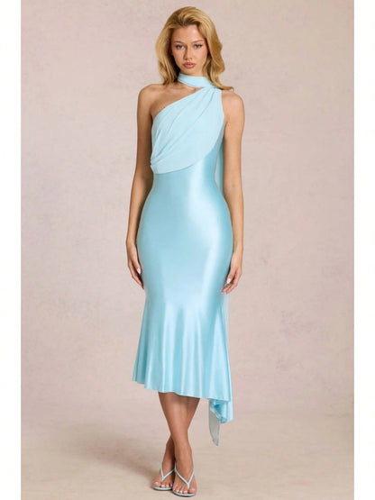 Elegant Two-Tone Satin & Chiffon Midi Dress, One-Shoulder With Draped Scarf, Bodycon Mermaid Skirt For Special Occasions