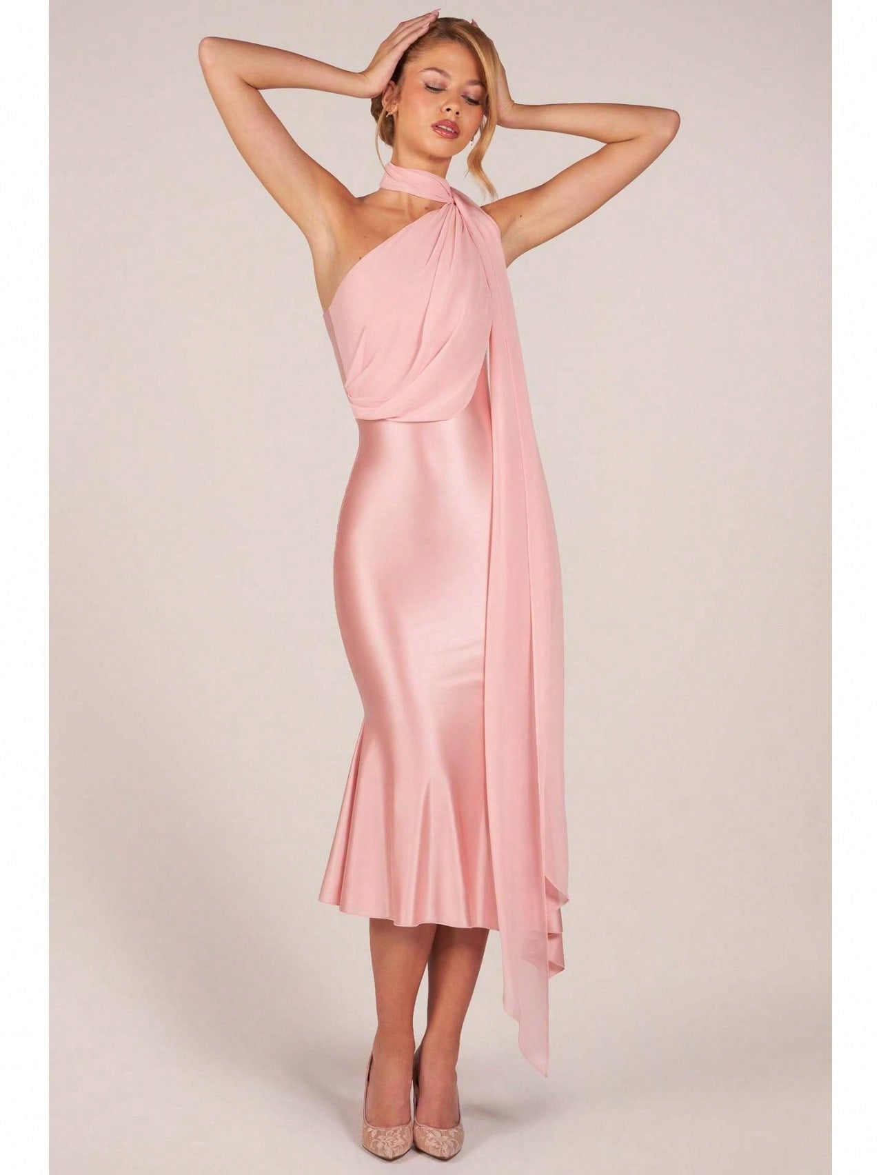 Elegant Two-Tone Satin & Chiffon Midi Dress, One-Shoulder With Draped Scarf, Bodycon Mermaid Skirt For Special Occasions