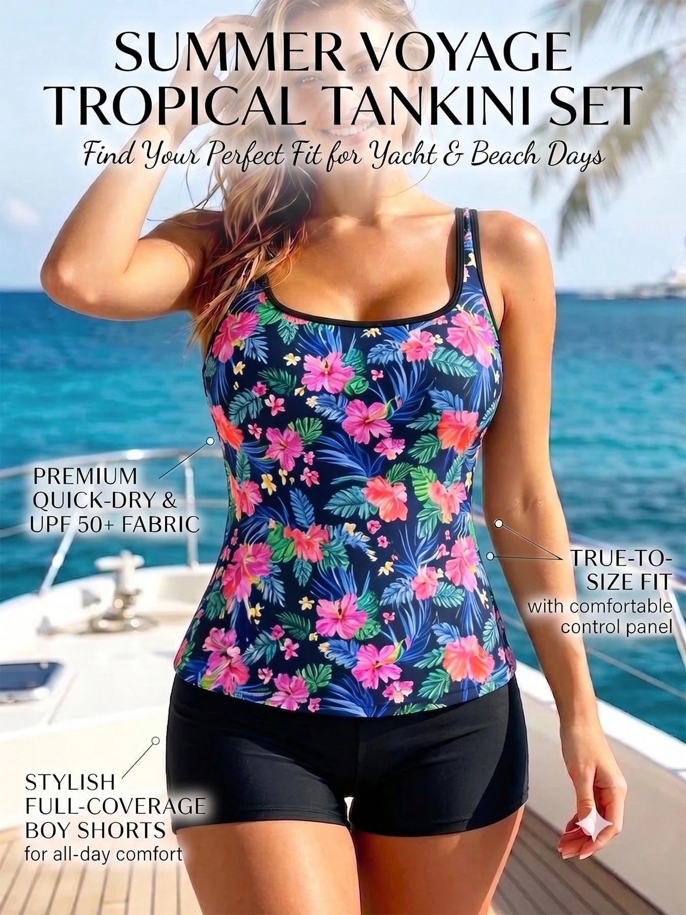 Elegant Women's Floral Tankini Set, Scoop Neck Bikini Top & Black Shorts, Sexy High Stretch Swimwear For Tropical Vacations