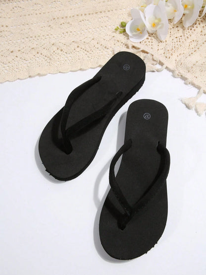 Elegant Women's Summer Thong Wedge Platform Beach Sandals, Minimalist Fashion Flip Flops, Black Outdoor Slippers