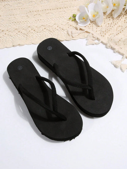 Elegant Women's Summer Thong Wedge Platform Beach Sandals, Minimalist Fashion Flip Flops, Black Outdoor Slippers