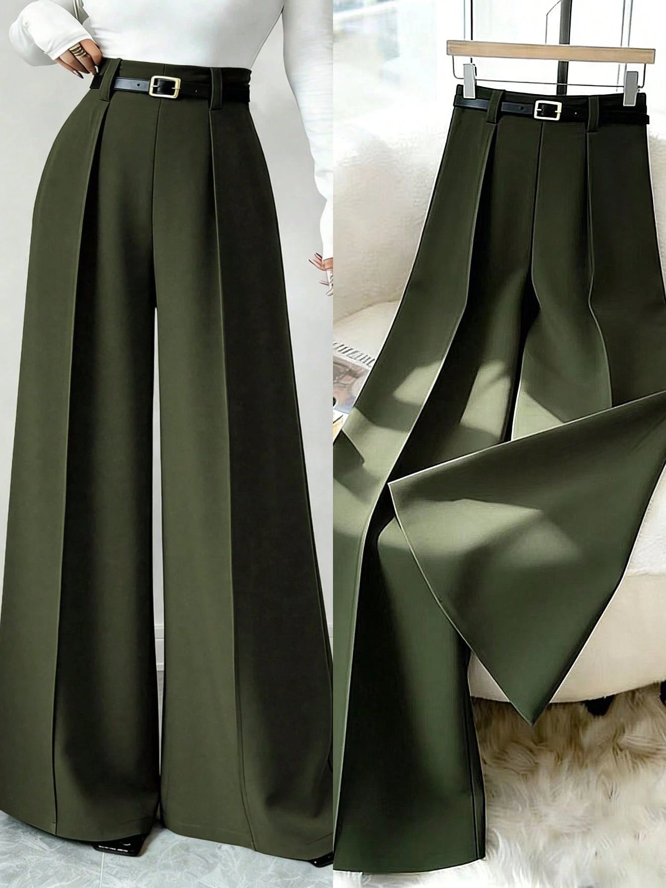 Elenzga 2026 Retro Army Green Wide Leg Pants For Women,High Waist Elegant Office Straight Trousers,Draping Loose Casual Fashion Summer & Autumn Commuting