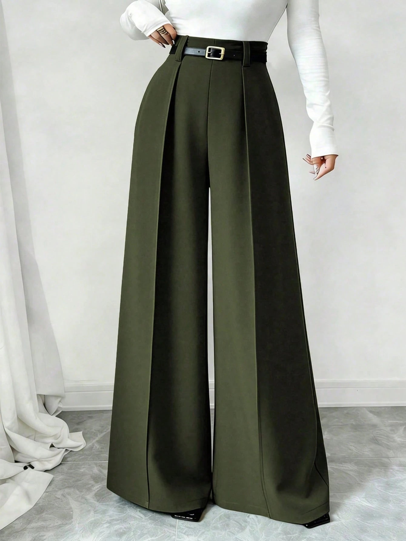 Elenzga 2026 Retro Army Green Wide Leg Pants For Women,High Waist Elegant Office Straight Trousers,Draping Loose Casual Fashion Summer & Autumn Commuting