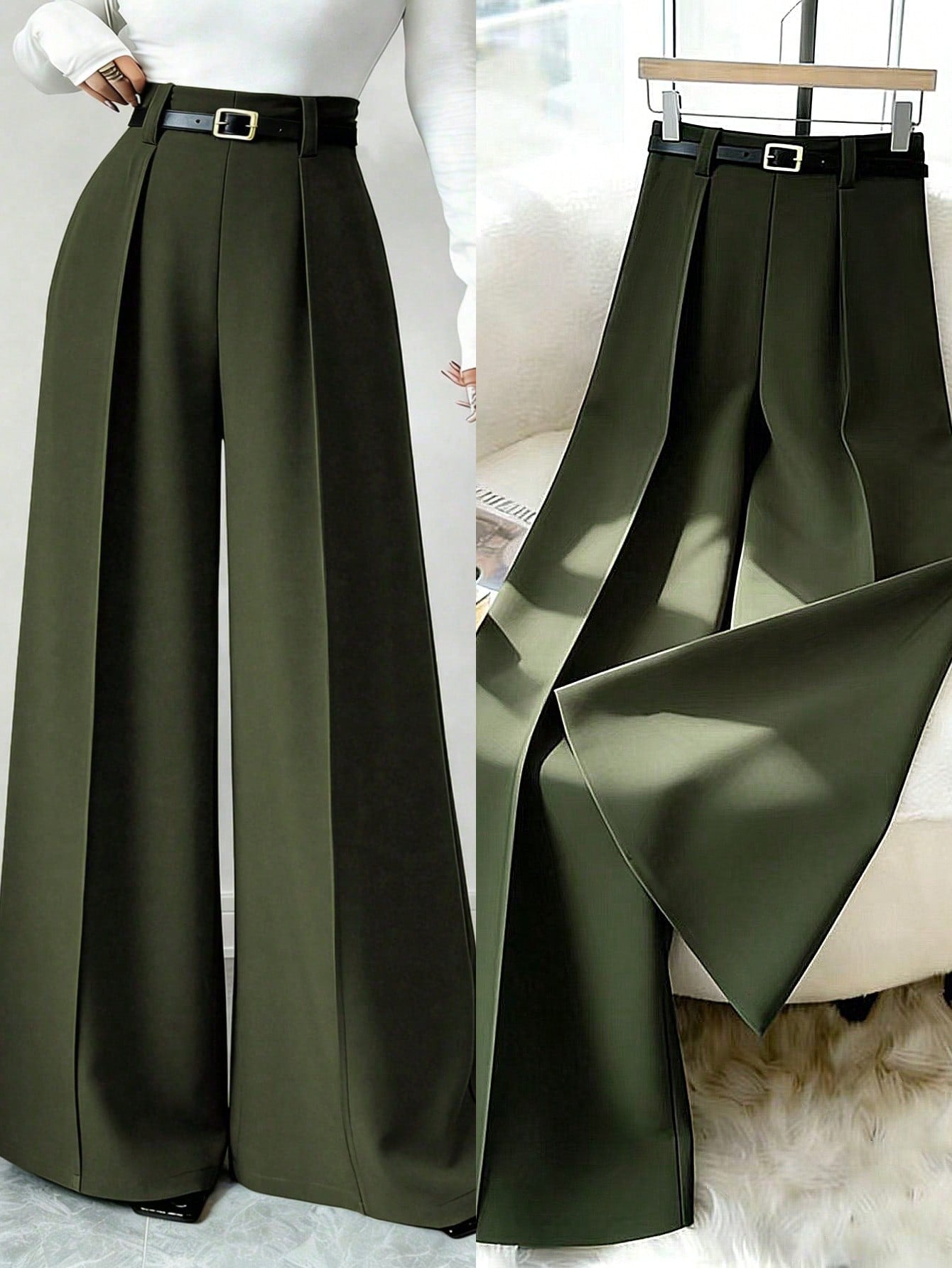Elenzga 2026 Retro Army Green Wide Leg Pants For Women,High Waist Elegant Office Straight Trousers,Draping Loose Casual Fashion Summer & Autumn Commuting