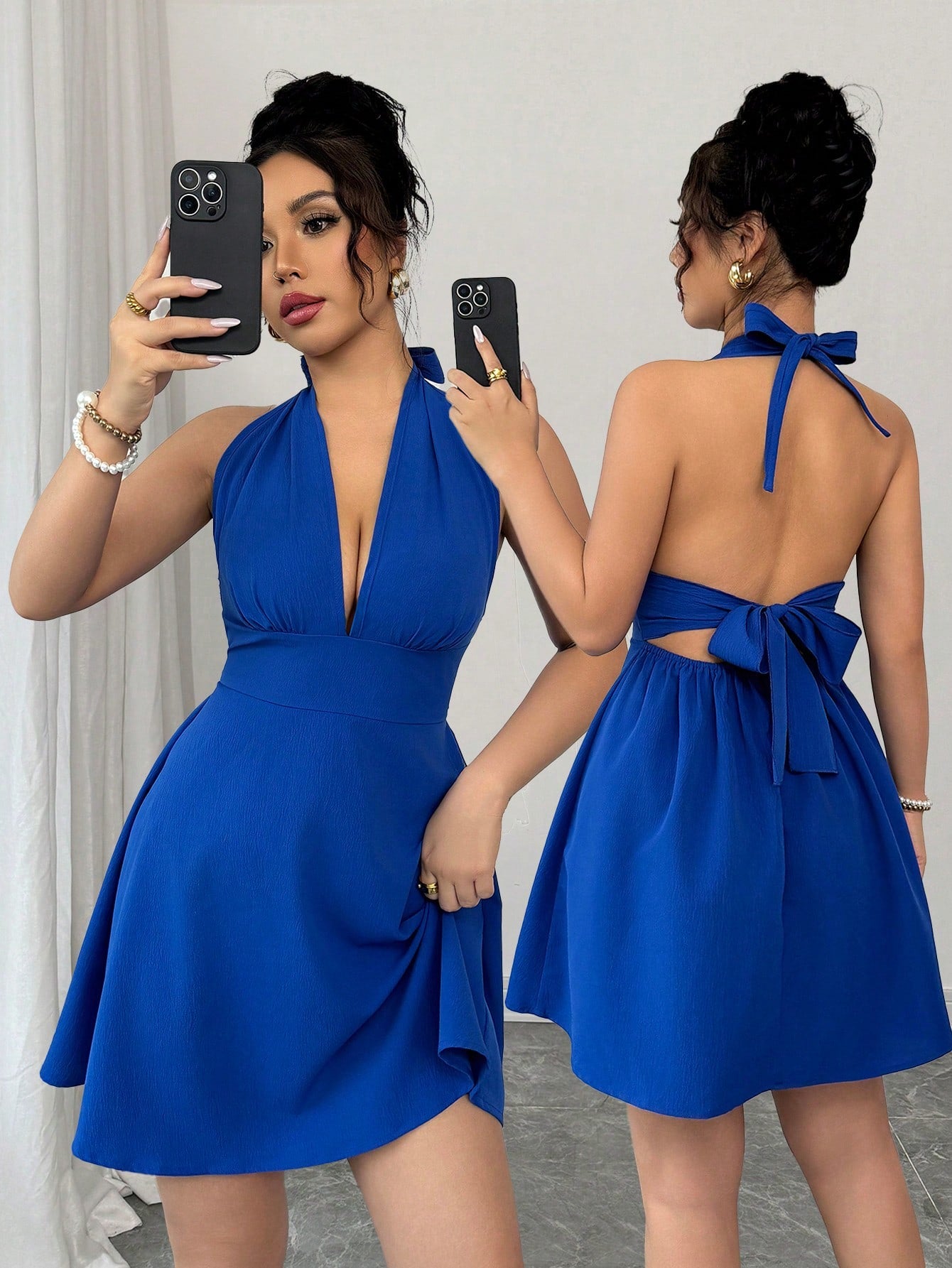 Elenzga Elegant & Sexy Solid Color Backless Tie Neck Sleeveless Dress
