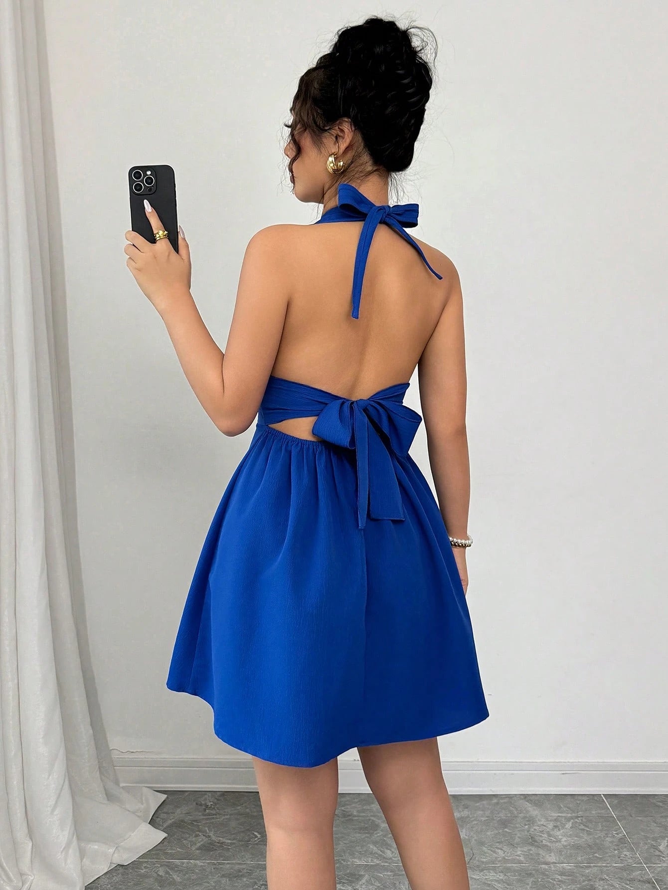 Elenzga Elegant & Sexy Solid Color Backless Tie Neck Sleeveless Dress