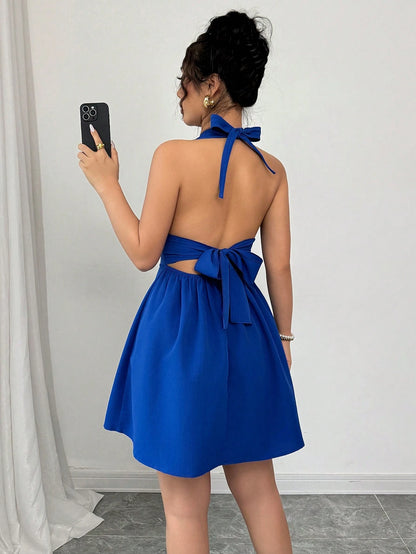 Elenzga Elegant & Sexy Solid Color Backless Tie Neck Sleeveless Dress