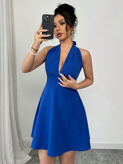 Elenzga Elegant & Sexy Solid Color Backless Tie Neck Sleeveless Dress