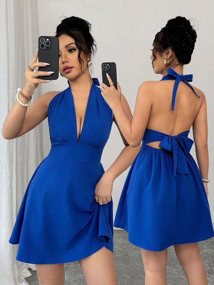 Elenzga Elegant & Sexy Solid Color Backless Tie Neck Sleeveless Dress