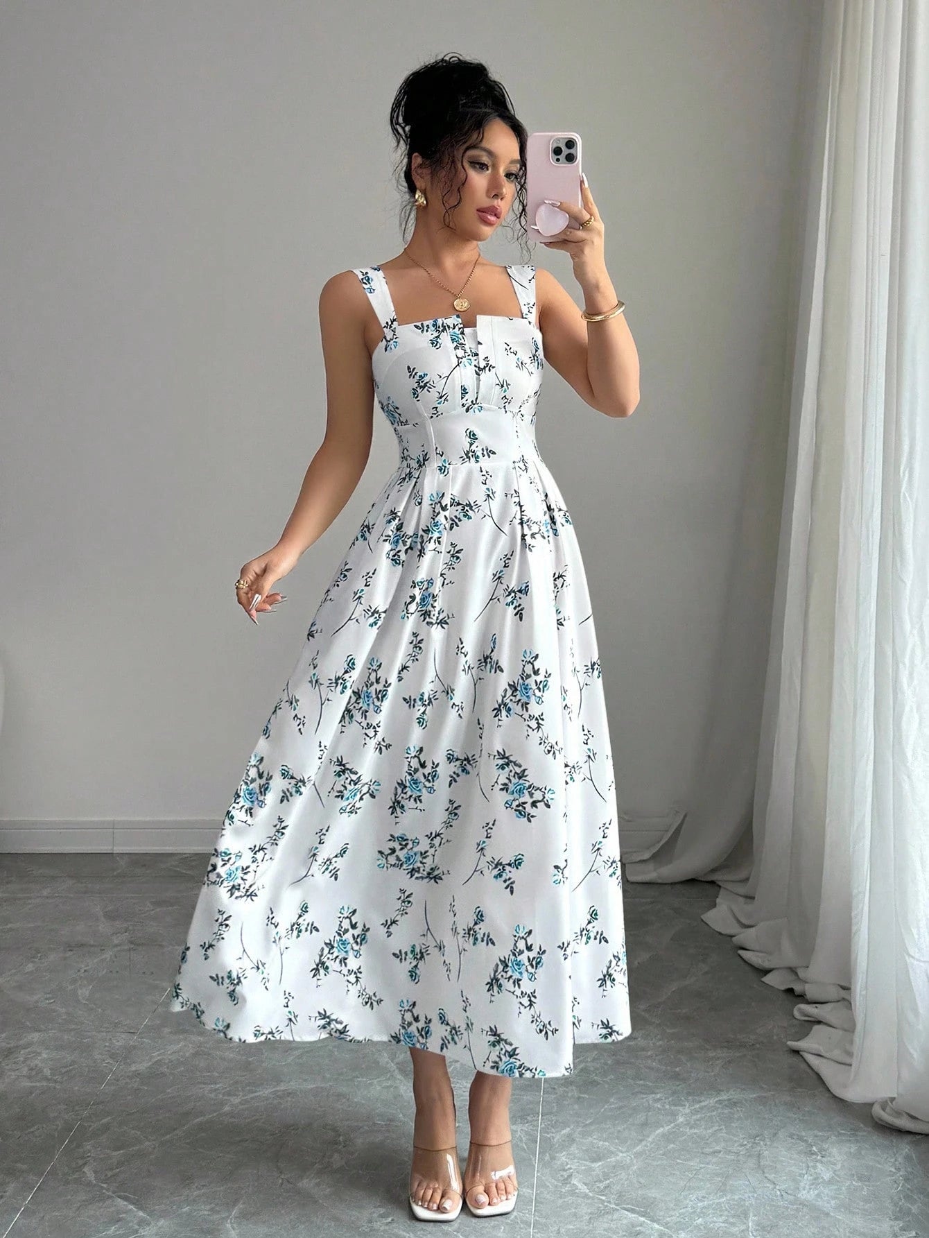 Elenzga New Arrival Latest Style Elegant Floral Print Shirred Waist Dress For Women, Spring/Summer