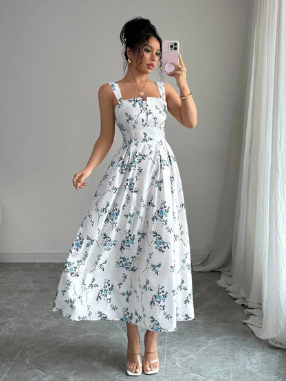 Elenzga New Arrival Latest Style Elegant Floral Print Shirred Waist Dress For Women, Spring/Summer