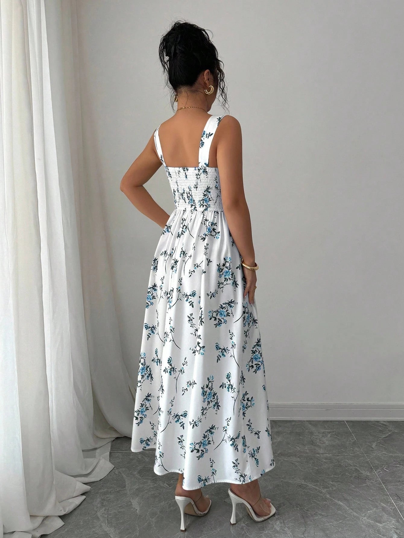 Elenzga New Arrival Latest Style Elegant Floral Print Shirred Waist Dress For Women, Spring/Summer