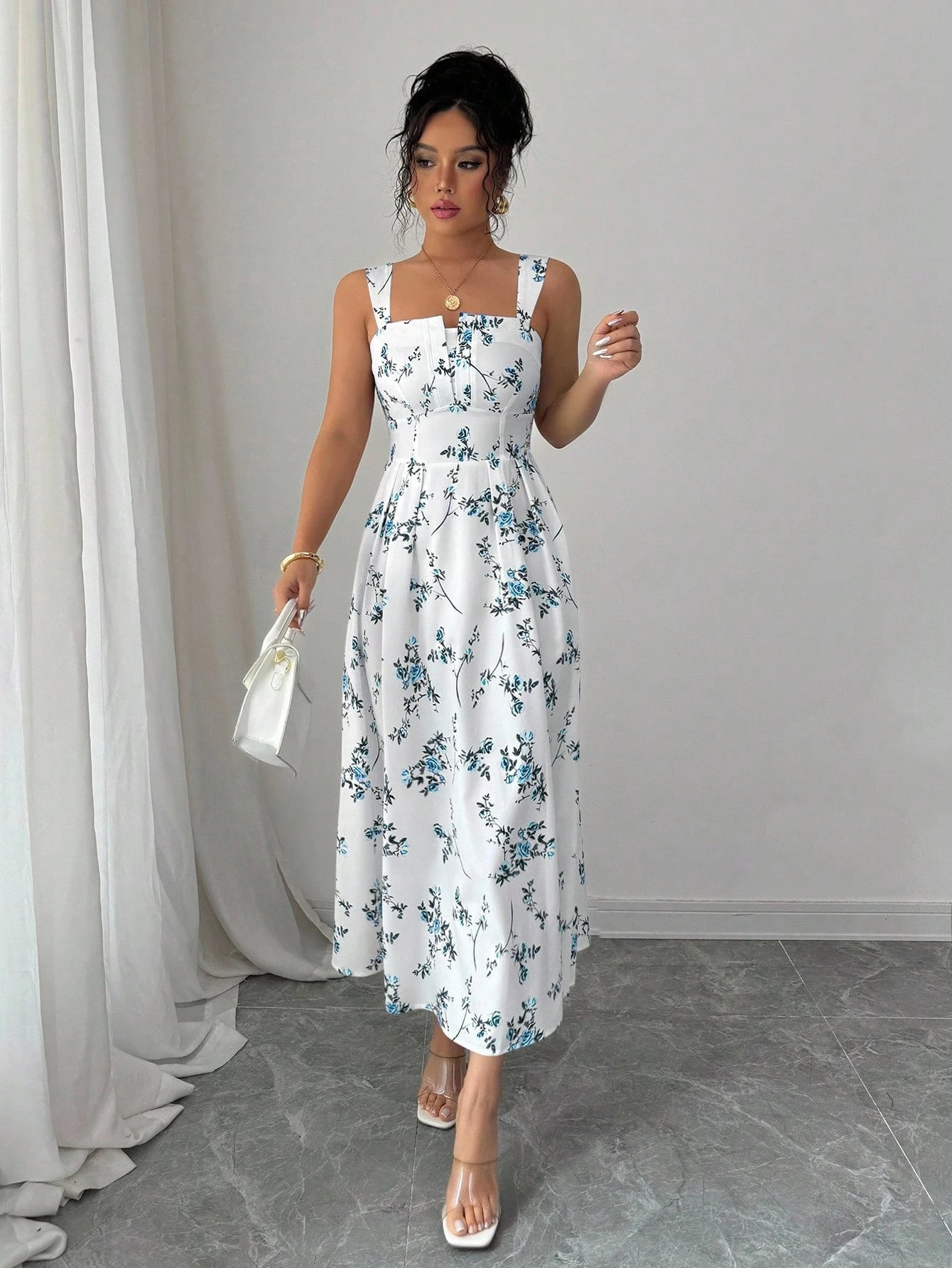 Elenzga New Arrival Latest Style Elegant Floral Print Shirred Waist Dress For Women, Spring/Summer