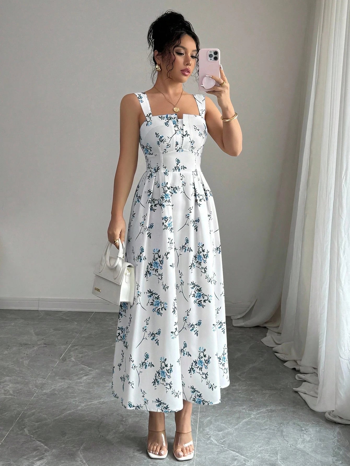 Elenzga New Arrival Latest Style Elegant Floral Print Shirred Waist Dress For Women, Spring/Summer