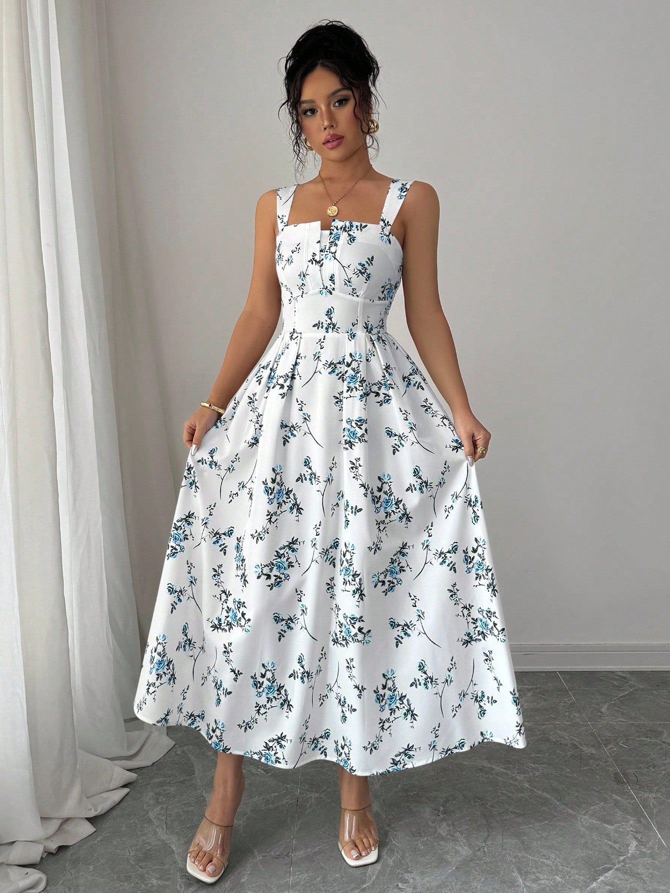 Elenzga New Arrival Latest Style Elegant Floral Print Shirred Waist Dress For Women, Spring/Summer