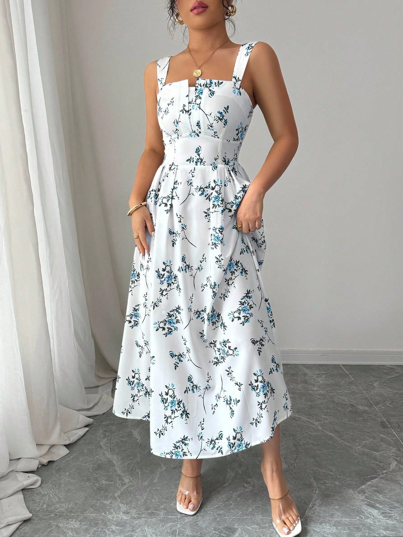 Elenzga New Arrival Latest Style Elegant Floral Print Shirred Waist Dress For Women, Spring/Summer