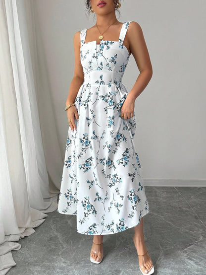 Elenzga New Arrival Latest Style Elegant Floral Print Shirred Waist Dress For Women, Spring/Summer