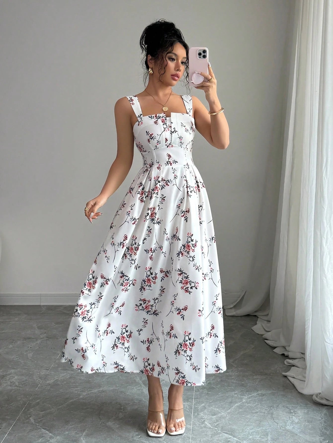 Elenzga New Arrival Latest Style Elegant Floral Print Shirred Waist Dress For Women, Spring/Summer