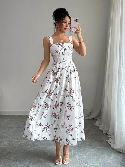 Elenzga New Arrival Latest Style Elegant Floral Print Shirred Waist Dress For Women, Spring/Summer
