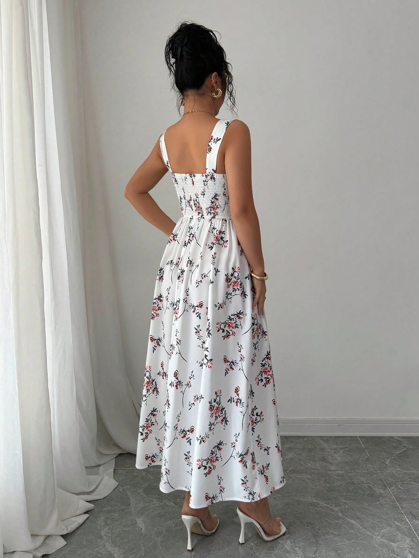 Elenzga New Arrival Latest Style Elegant Floral Print Shirred Waist Dress For Women, Spring/Summer