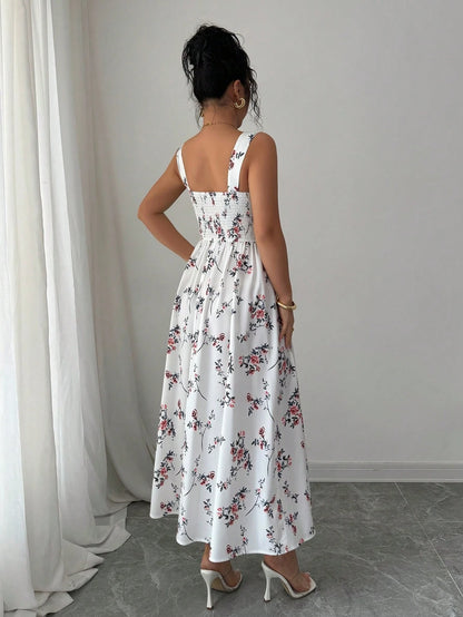 Elenzga New Arrival Latest Style Elegant Floral Print Shirred Waist Dress For Women, Spring/Summer