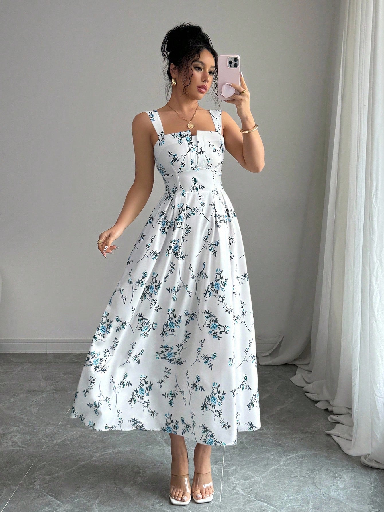 Elenzga New Arrival Latest Style Elegant Floral Print Shirred Waist Dress For Women, Spring/Summer