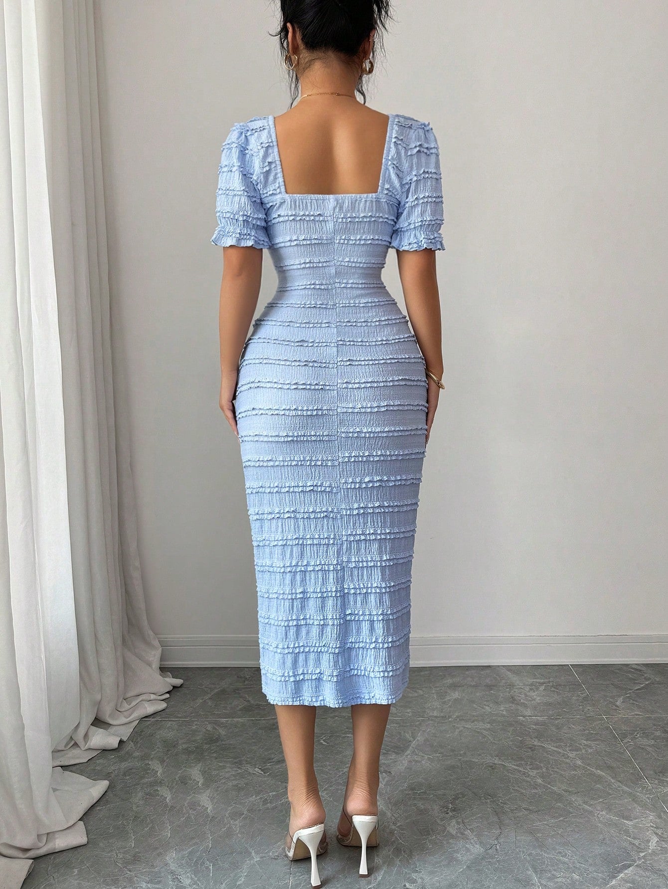 Elenzga New Arrival Square Neck Short Sleeve Textured Knit Elegant Versatile Fitted Midi Dress For Women