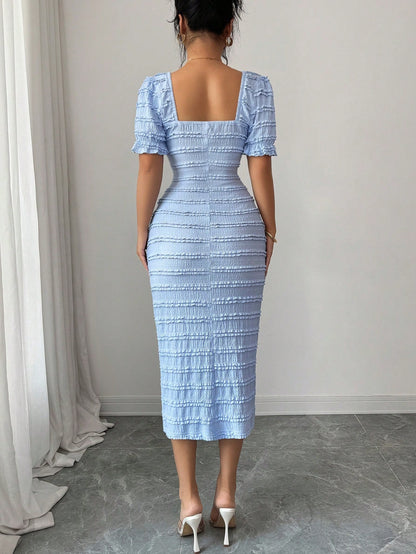 Elenzga New Arrival Square Neck Short Sleeve Textured Knit Elegant Versatile Fitted Midi Dress For Women
