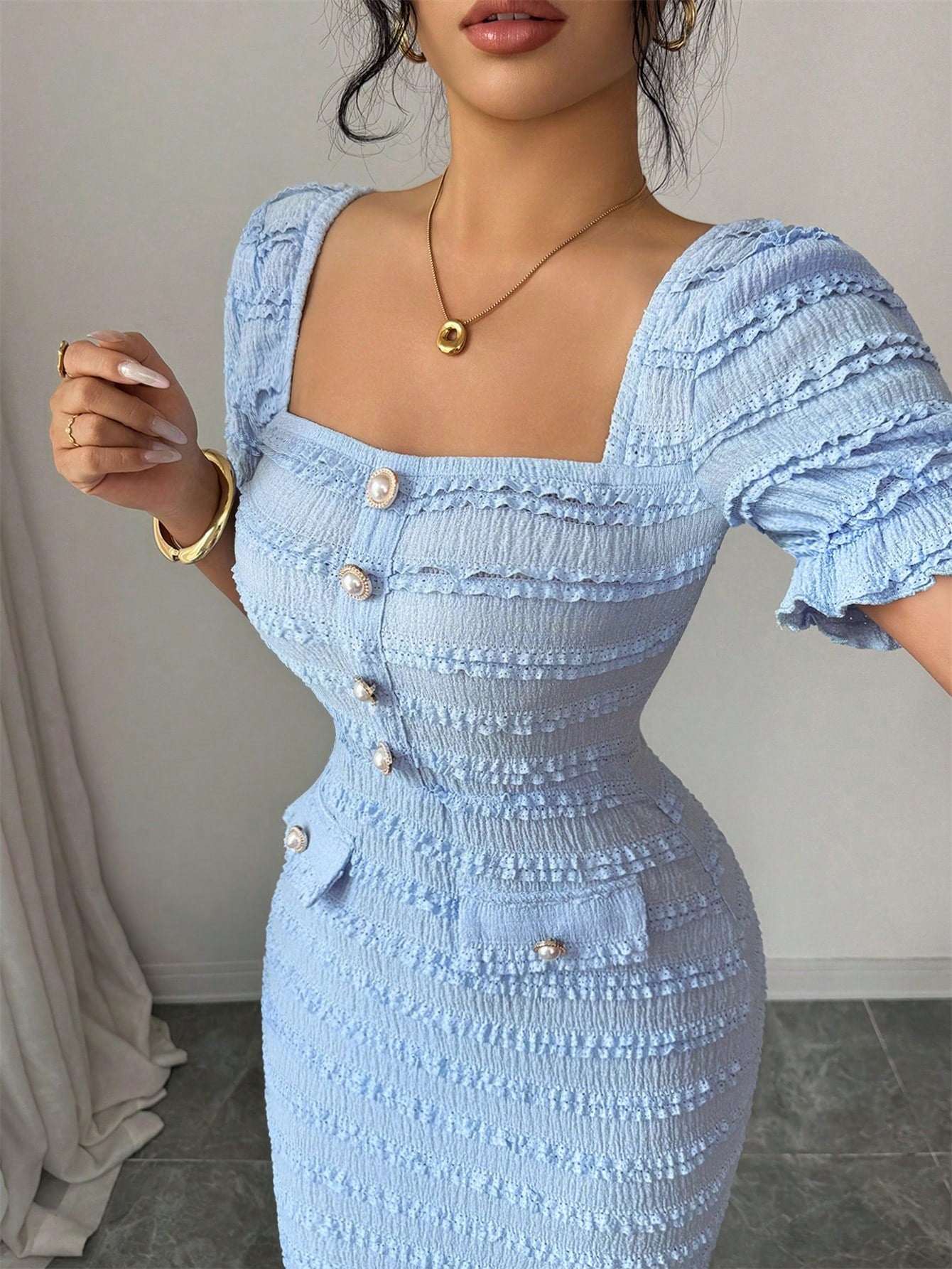 Elenzga New Arrival Square Neck Short Sleeve Textured Knit Elegant Versatile Fitted Midi Dress For Women