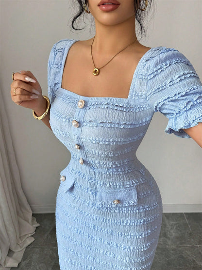 Elenzga New Arrival Square Neck Short Sleeve Textured Knit Elegant Versatile Fitted Midi Dress For Women