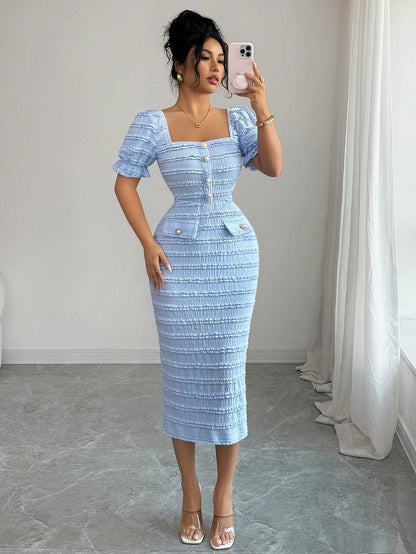 Elenzga New Arrival Square Neck Short Sleeve Textured Knit Elegant Versatile Fitted Midi Dress For Women