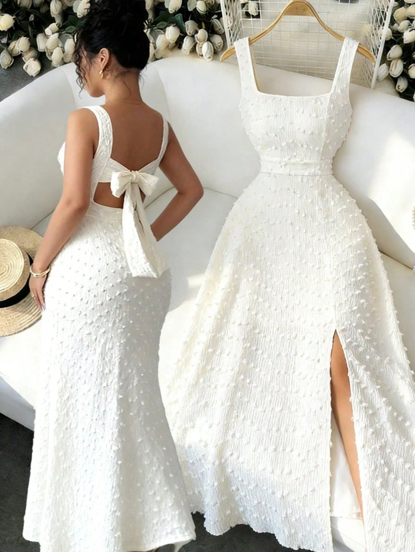 Elenzga New Arrival Square Neck Sleeveless Textured Knit Dress With Open Back Bowknot Design, Elegant Fitted Party Dress
