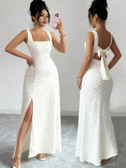 Elenzga New Arrival Square Neck Sleeveless Textured Knit Dress With Open Back Bowknot Design, Elegant Fitted Party Dress