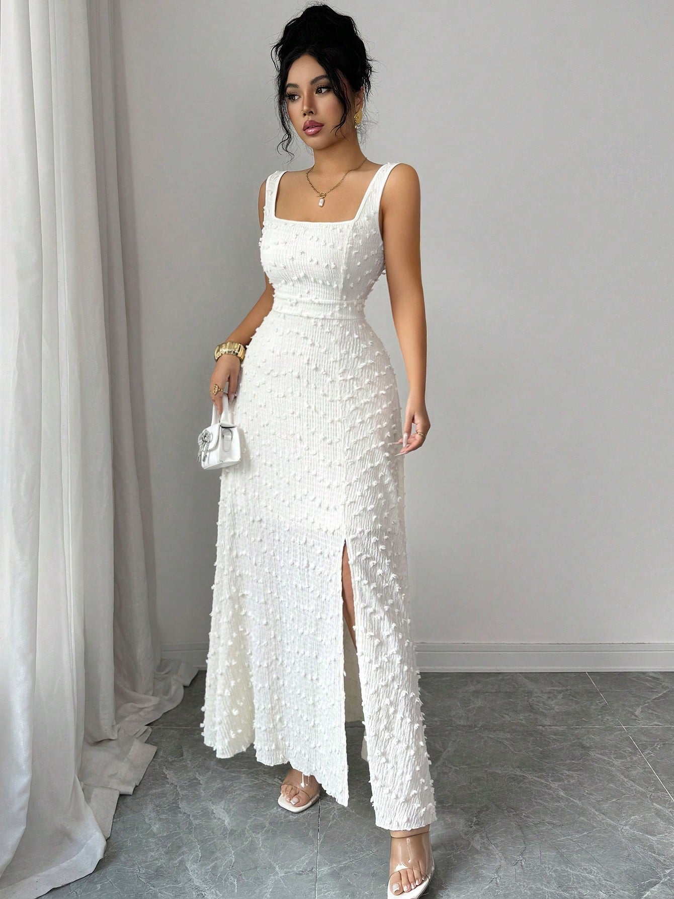 Elenzga New Arrival Square Neck Sleeveless Textured Knit Dress With Open Back Bowknot Design, Elegant Fitted Party Dress