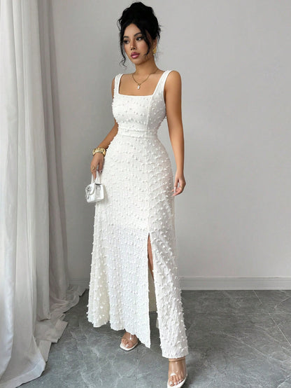 Elenzga New Arrival Square Neck Sleeveless Textured Knit Dress With Open Back Bowknot Design, Elegant Fitted Party Dress
