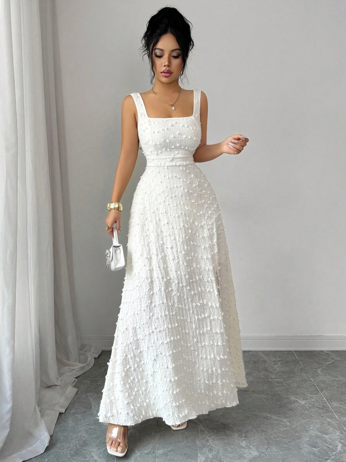 Elenzga New Arrival Square Neck Sleeveless Textured Knit Dress With Open Back Bowknot Design, Elegant Fitted Party Dress