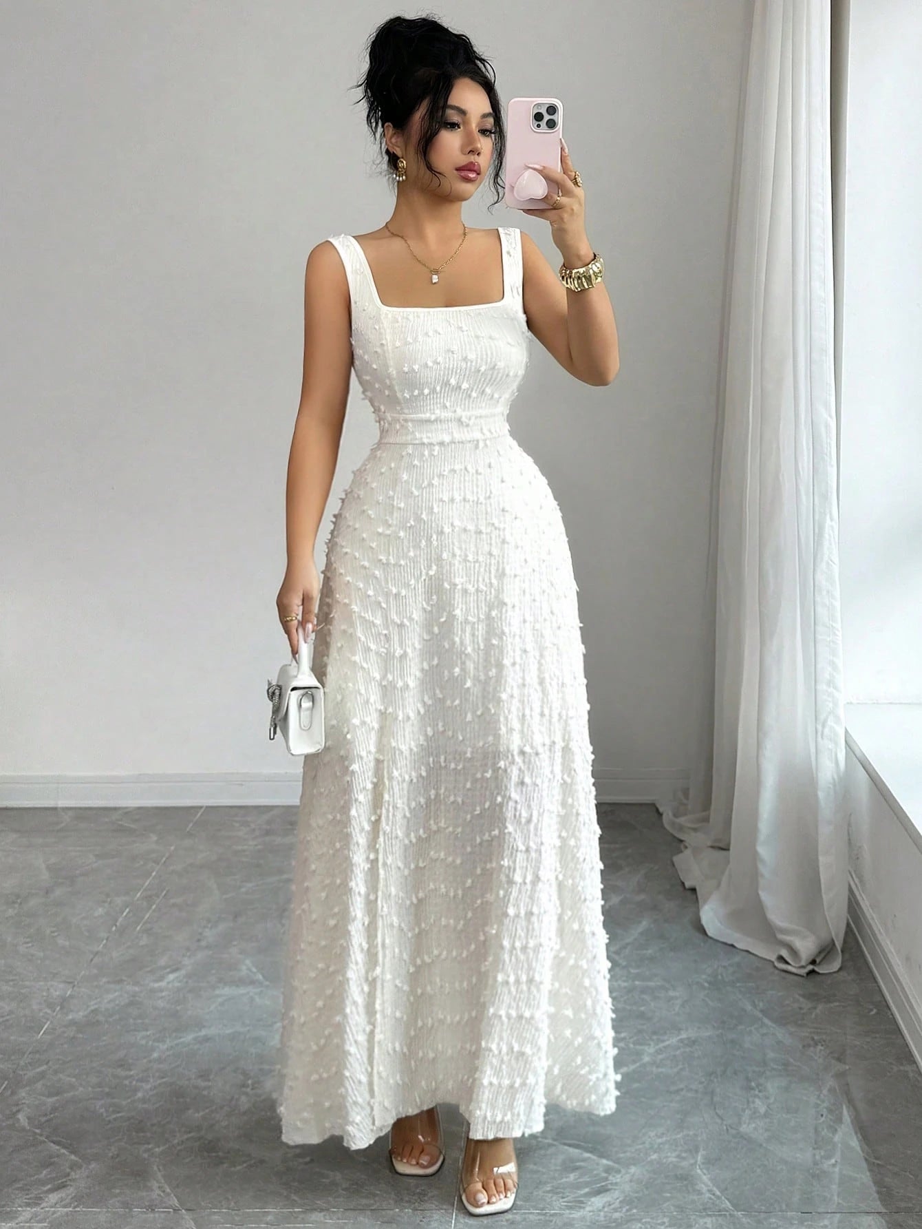 Elenzga New Arrival Square Neck Sleeveless Textured Knit Dress With Open Back Bowknot Design, Elegant Fitted Party Dress