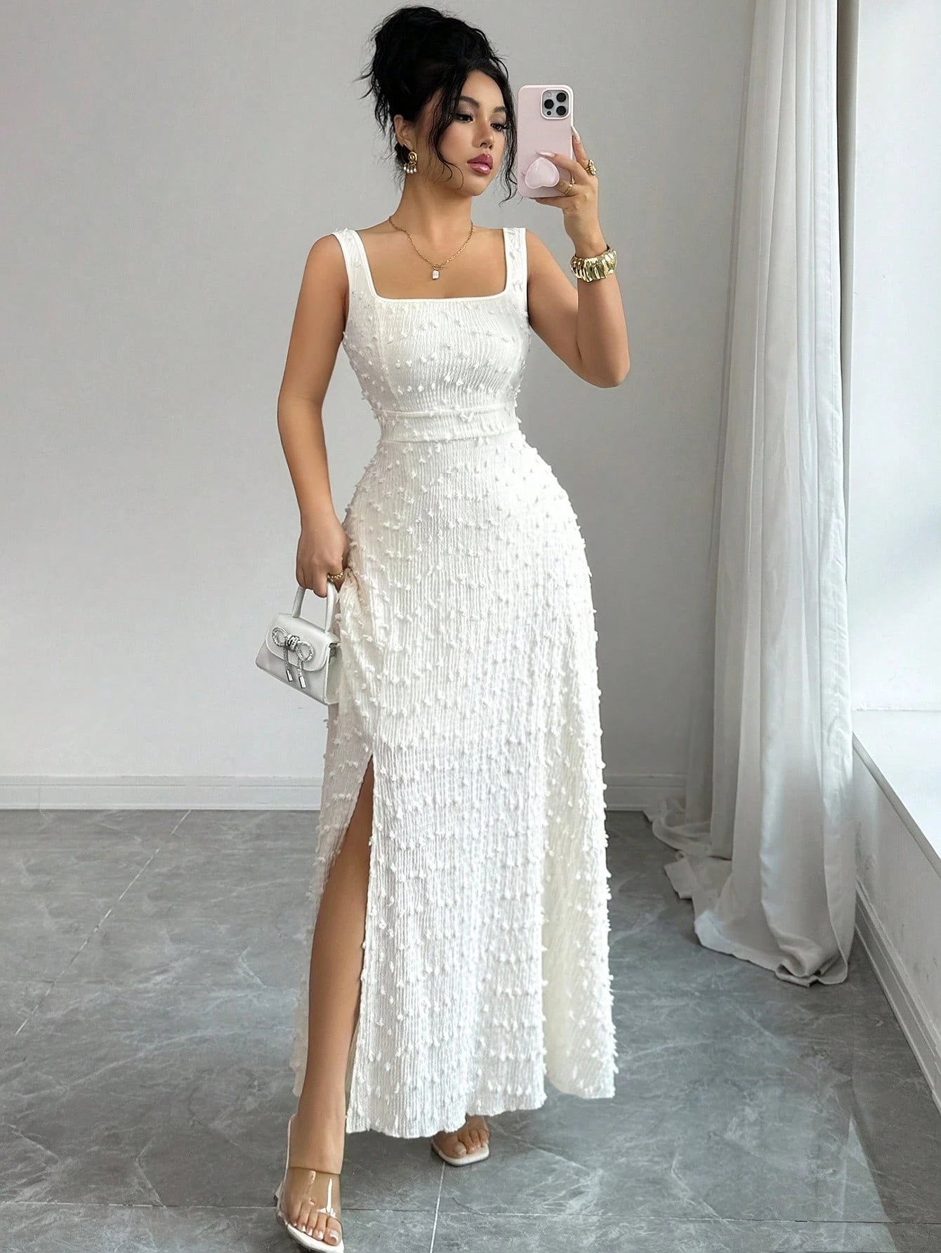Elenzga New Arrival Square Neck Sleeveless Textured Knit Dress With Open Back Bowknot Design, Elegant Fitted Party Dress