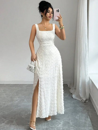 Elenzga New Arrival Square Neck Sleeveless Textured Knit Dress With Open Back Bowknot Design, Elegant Fitted Party Dress