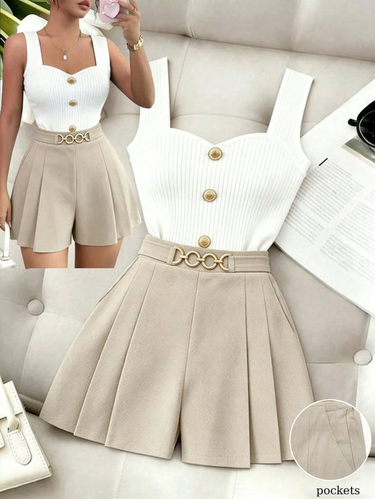 Elenzga New Women's Pure Cotton Pleated A-Line Metal Chain Back Waist Elastic Slimming Mid-Waist Shorts, Versatile Comfortable Elegant Everyday Shorts