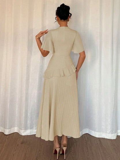 Elenzga New Women's Textured Woven Fabric Round Neck Chiffon Ruffle Sleeve Cinched Waist High-Waisted Maxi Casual Dress, Slimming, Elegant Vacation Date Outfit