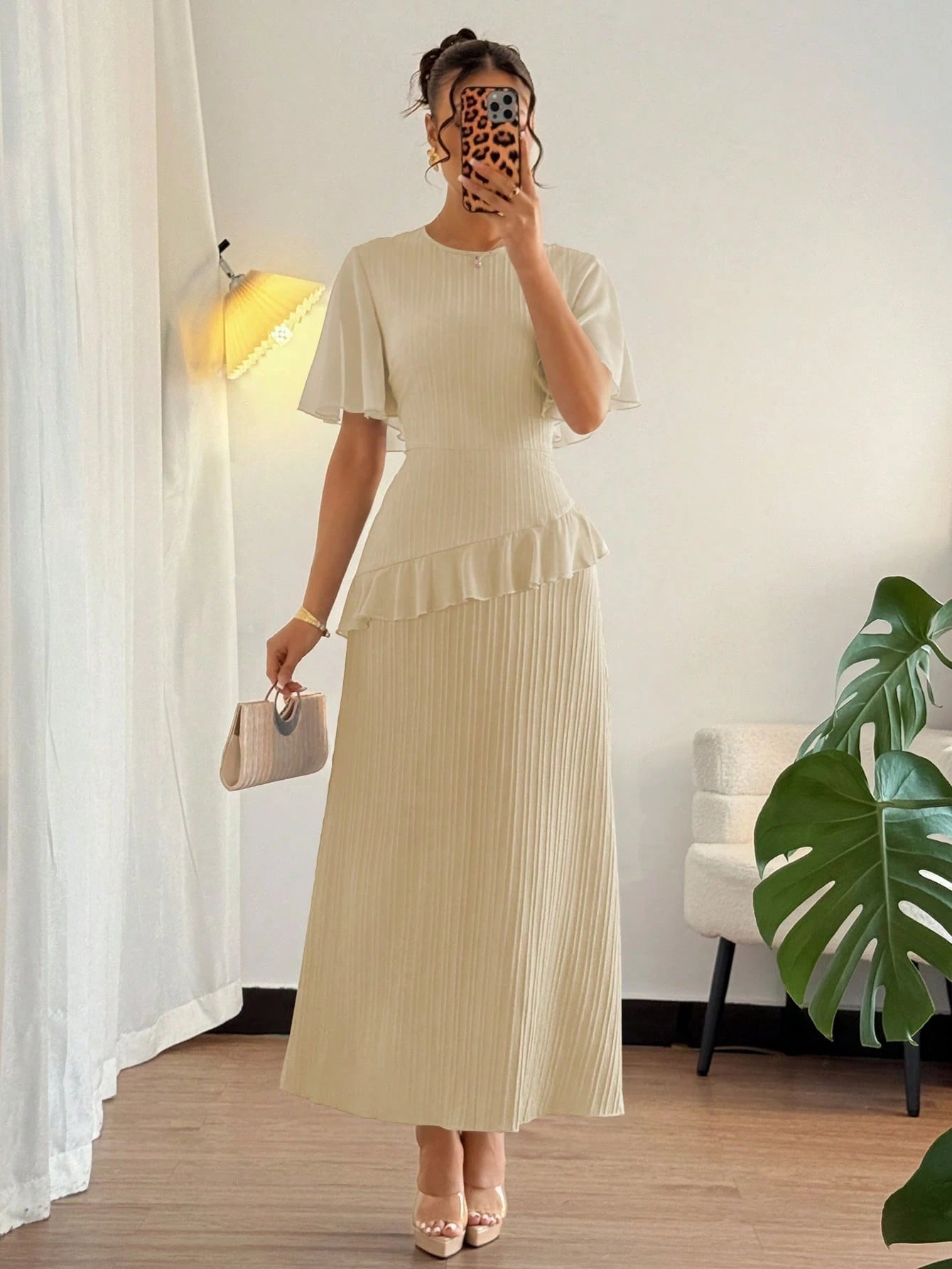 Elenzga New Women's Textured Woven Fabric Round Neck Chiffon Ruffle Sleeve Cinched Waist High-Waisted Maxi Casual Dress, Slimming, Elegant Vacation Date Outfit