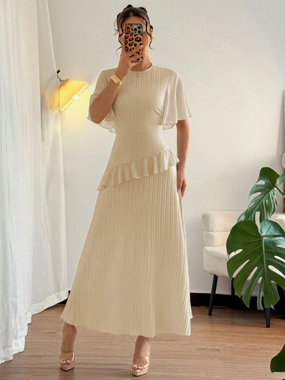 Elenzga New Women's Textured Woven Fabric Round Neck Chiffon Ruffle Sleeve Cinched Waist High-Waisted Maxi Casual Dress, Slimming, Elegant Vacation Date Outfit